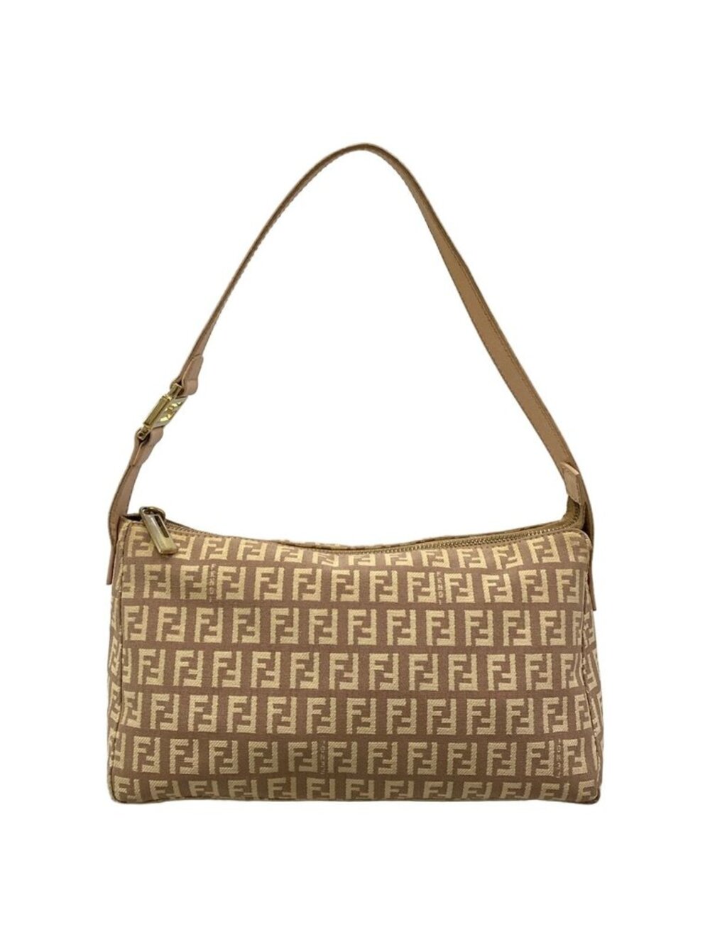 Fendi Shoulder Bag Zucchino Pattern Light Brown Beige Leather